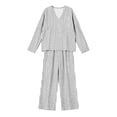 thumbnail image 6 of sdhkgrrt Women's Plus Size 2 Piece Pajama Outfit Striped V Neck 3/4 Sleeve Blouse Wide Leg Pants Casual Boho Lounge Set Loose Matching Travel Daily Tracksuits, White 3XL, 6 of 6