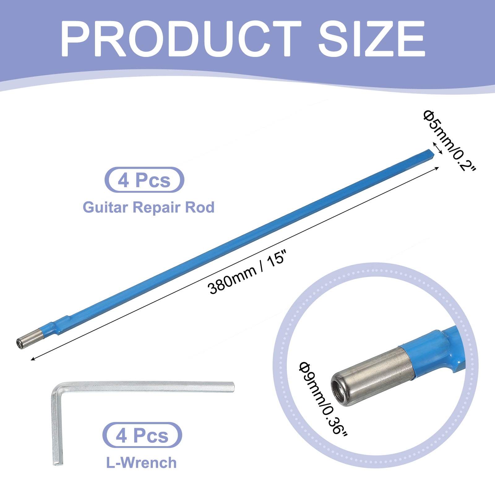 Uxcell 4 Pack Guitar Two Way Rod, 380mm Low-Profile Guitar Rod with 4mm L-Wrench, Luthier Tools for Electric Acoustic Bass Guitars Neck Repair Adjustment, Blue