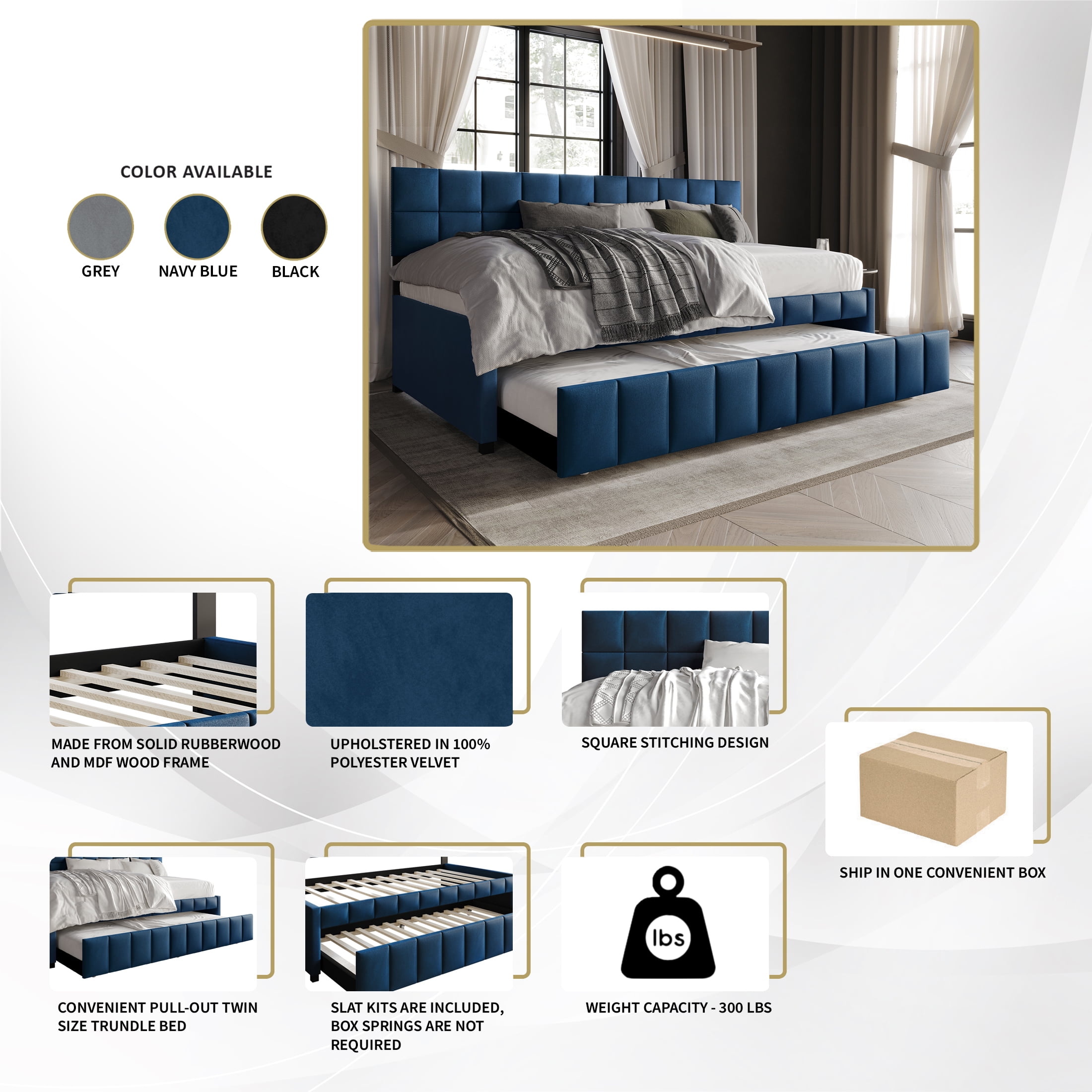 Castle Place Modern Velvet Upholstered Twin Daybed with Trundle, Black