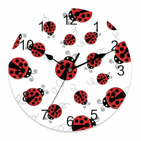 Wall Clock 10 Inch Red Ladybug Round Silent Decorative Wall Clocks Battery Operated for Living Room Bedroom Kitchen Classroom Decor, Red Black Polka Dot,Small