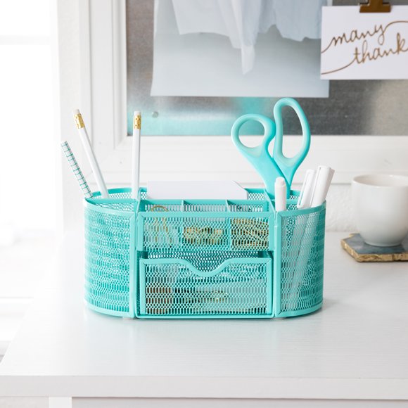 Blu Monaco Aqua Desk Organizer with Drawer - for Home or Office