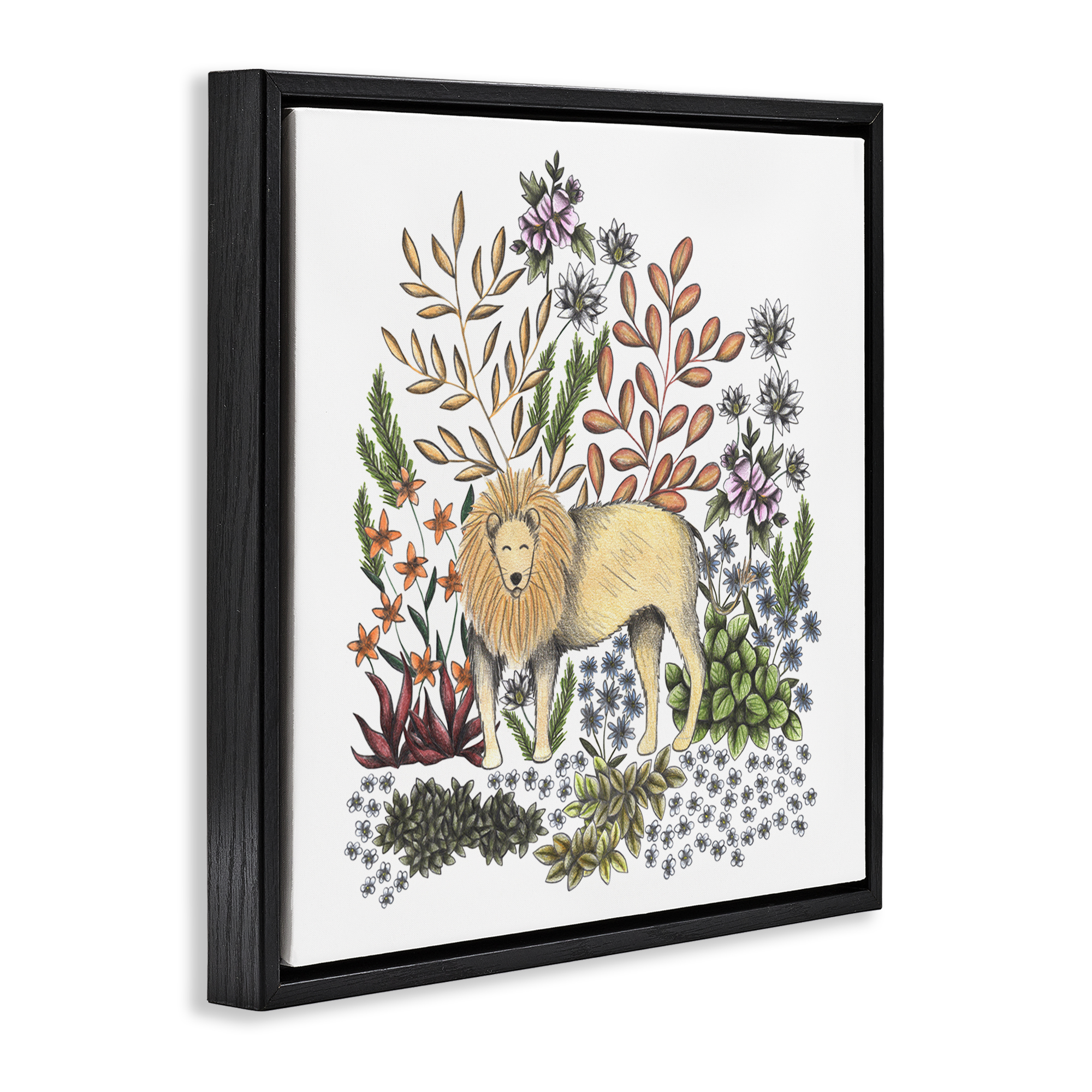 Jungle Wildlife Lion Black Framed Floater Canvas Wall Art, design by Cecilia Battaini