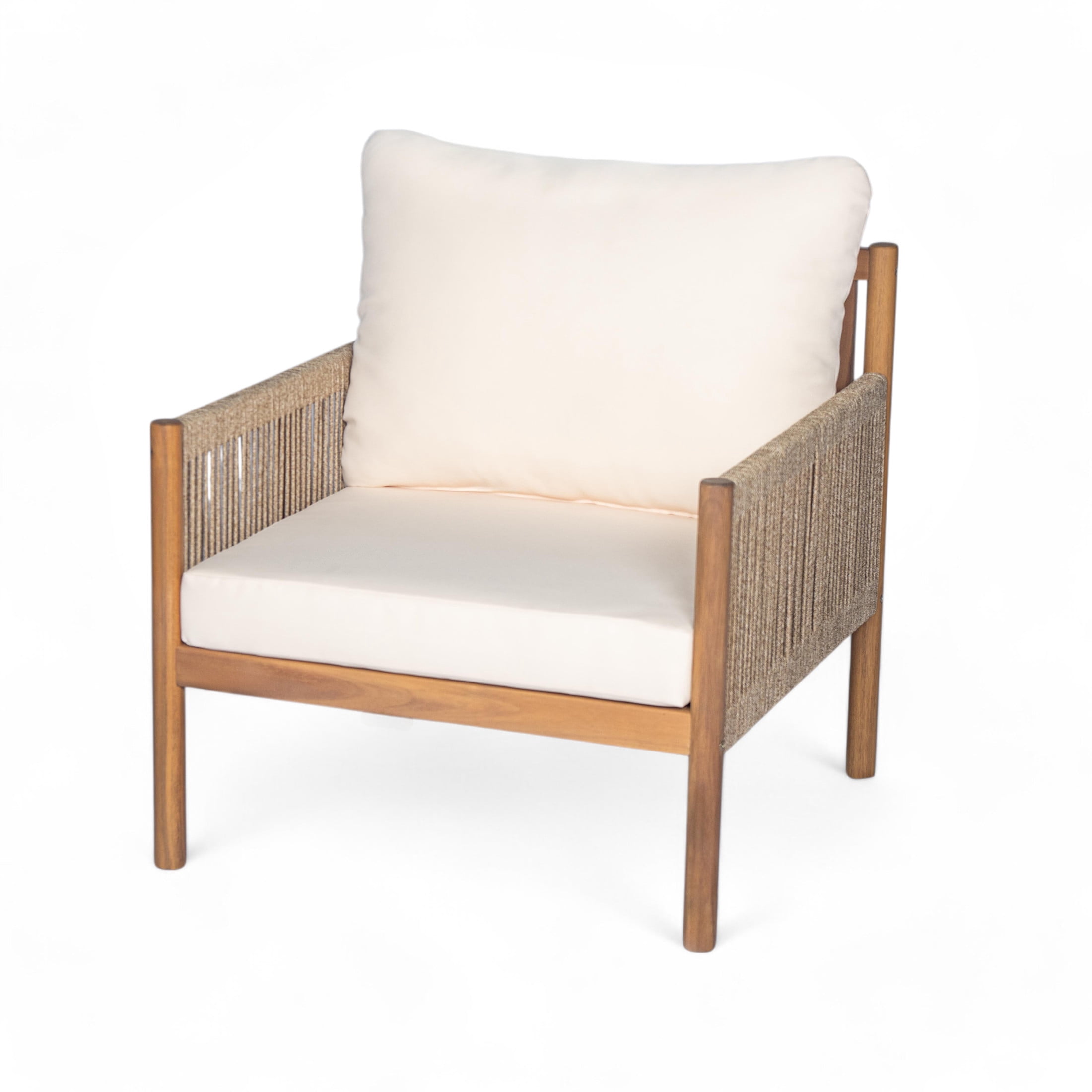 Christopher Knight Home Boho Outdoor Lounge Chair, Rope Accent, Solid Wood Frame, Beige Cushion