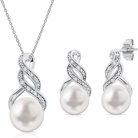 Sterling Silver Cultured Freshwater Pearl and Diamond Accent Pendant Necklace and Drop Earring Jewelry Set