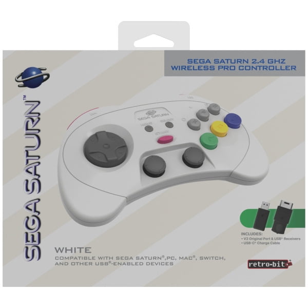 Manette Analogique Sans Fil Pro Blanche 2,4 GHz Sega Saturn pour Saturn/Switch/USB