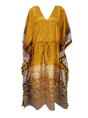 Mogul Golden Maxi Long Caftan Printed Pom Pom Tassel V Neck Silk Blend Beach Cover Up Sleepwear Wedding Kaftan Dress 4X