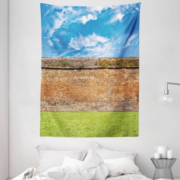 Rustic Home Decor Tapestry, Horizontal Brick Wall Field Dramatic Symbol Achitecture Landmark Urban, Wall Hanging for Bedroom Living Room Dorm Decor, 60W X 80L Inches, Red Green, by Ambesonne