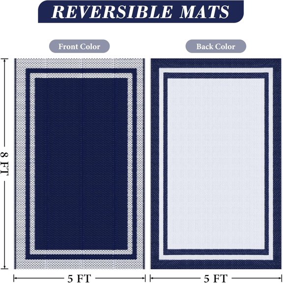 Outdoor Rug, Waterproof Reversible Patio Rugs, 5x8ft Large Area Rug Foldable Plastic Camping Rugs for Outside RV, Patio,Picnic,Camper,Balcony,Porch (Blue &White)