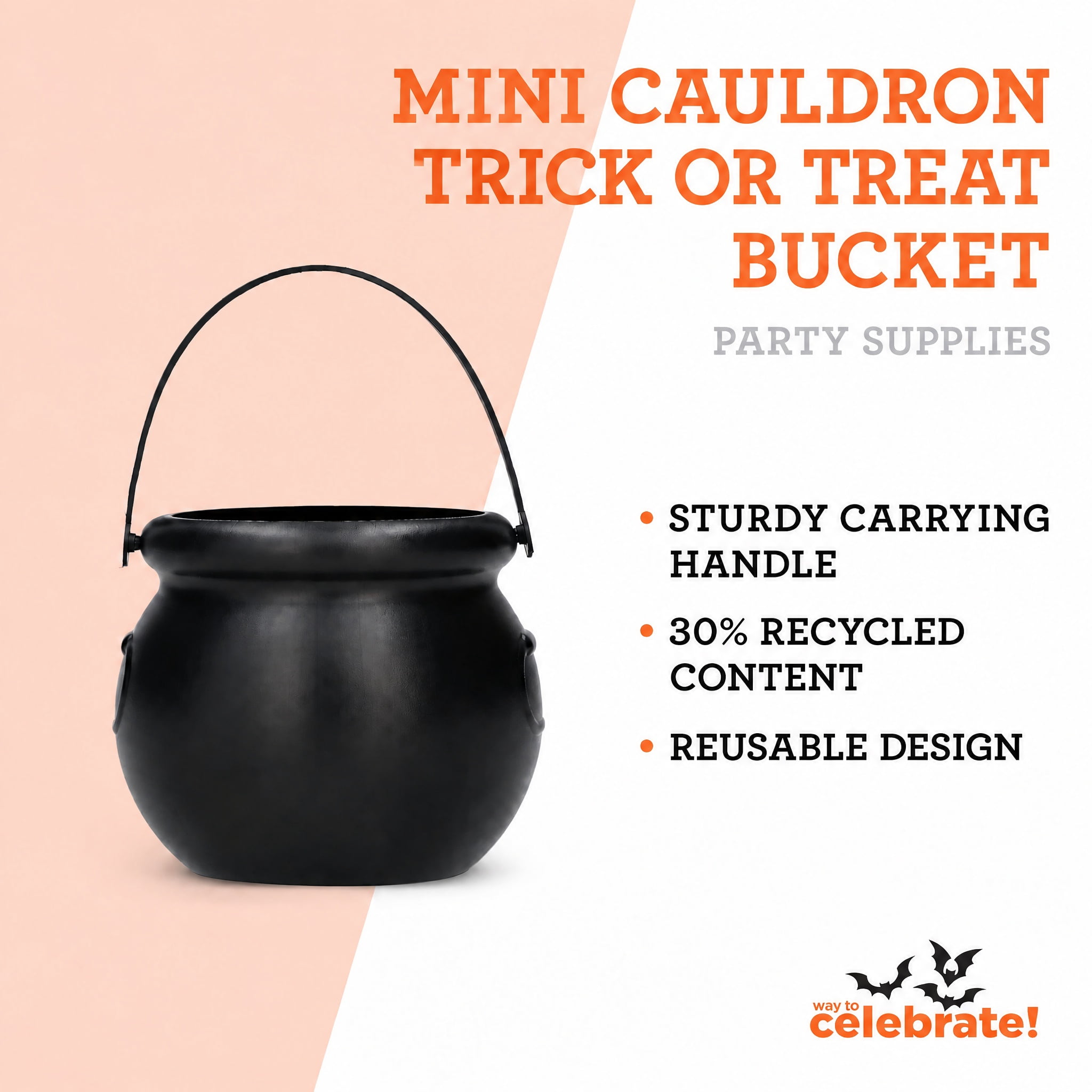 Mini Cauldron Trick-or-Treat Bucket, Black, 4", Halloween by Way To Celebrate
