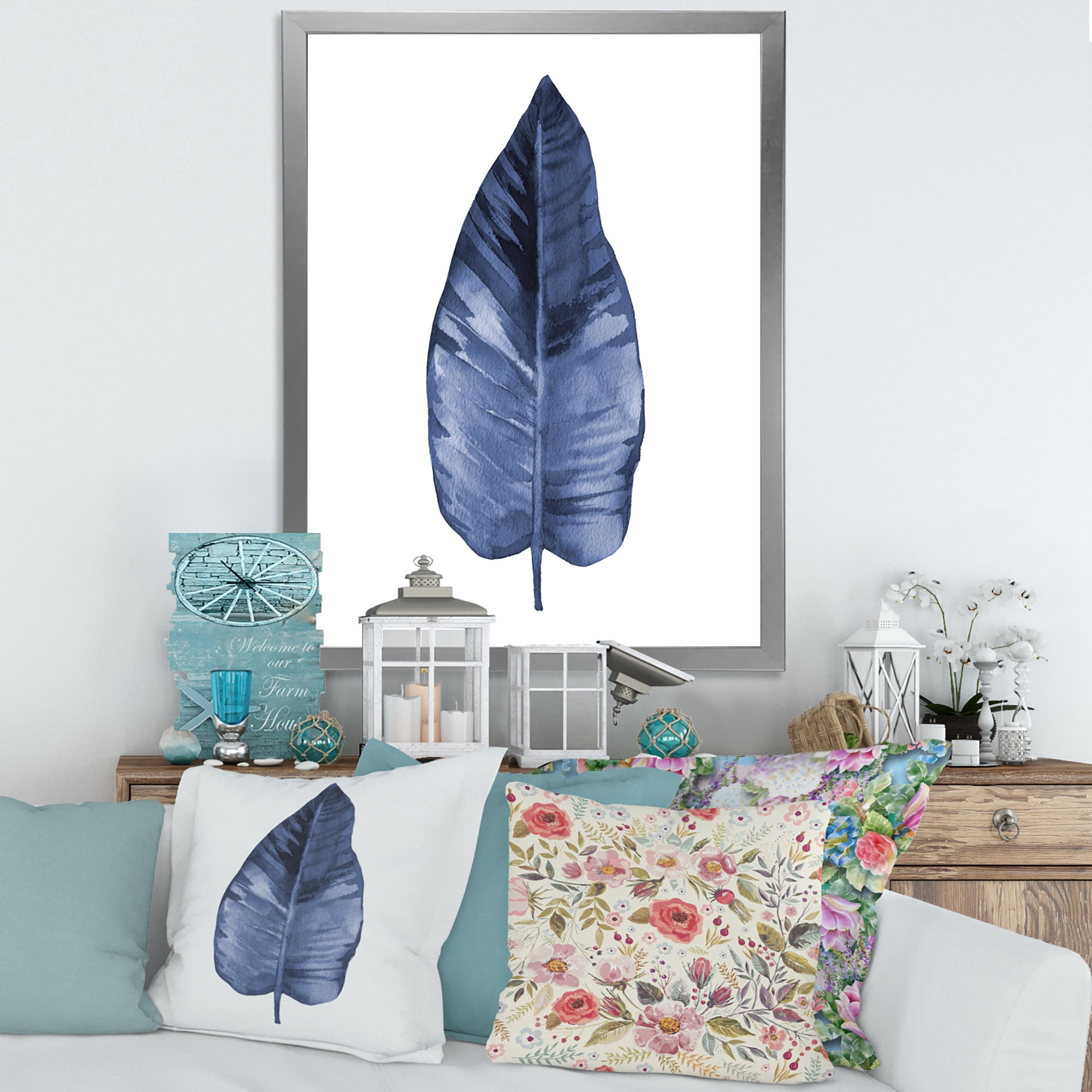 Designart 'Blue Leaf Watercolour On White Background' Traditional Framed Art Print