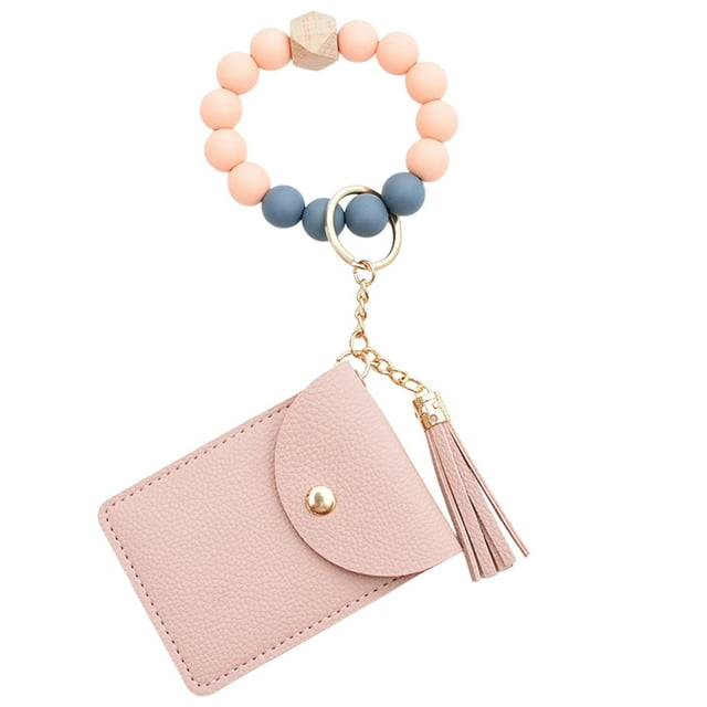 TACILIP Organization and Storage, Silicone Bead Bracelet Solid Color Card Bag Keyring Wallet Leather Fringe Multi-Card Compartment Coin Purse Leather Card Bag, Gifts for Men