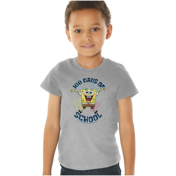 SpongeBob 100 Days of School Jump Kids T Shirt (4) for Toddler Boys and Girls, Athletic Heather