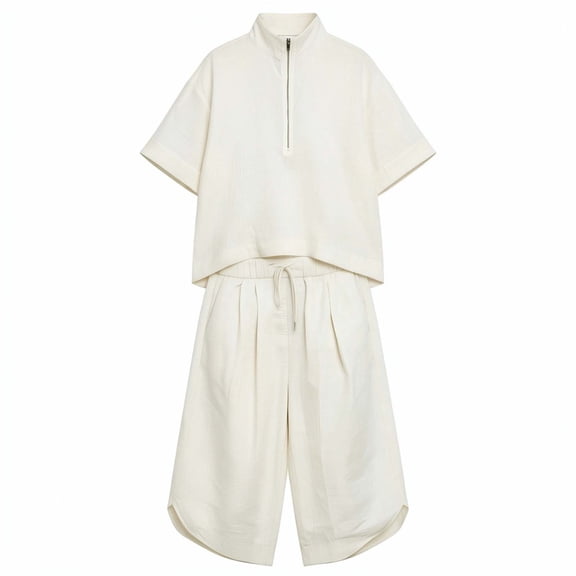 ibuvkizy Outfits Sets for Women Summer 2 Piece Linen Blend Half Zip Stand Collar Short Sleeve Loose Tops & Drawstring High Waist Pleated Wide Leg Capri Culotte Pants with Pockets,Casual Office Travel