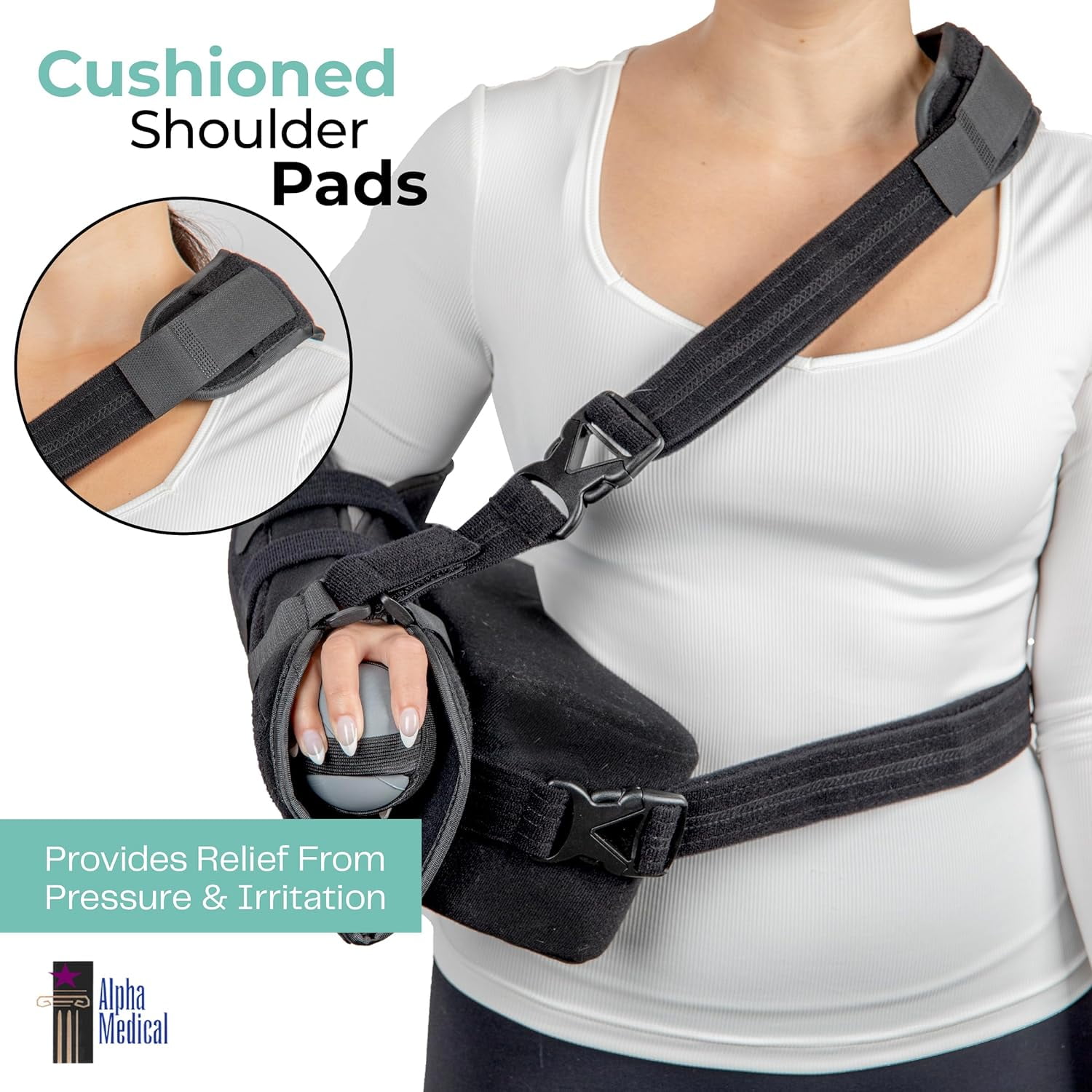 Alpha Medical Shoulder Immobilizer w/ Removable Pillow – Rotator Cuff – Sublexion – Shoulder Abduction Sling – Post-Op Shoulder & Arm Brace w/ exercise ball.  Fits Right or Left Arm.  L3660