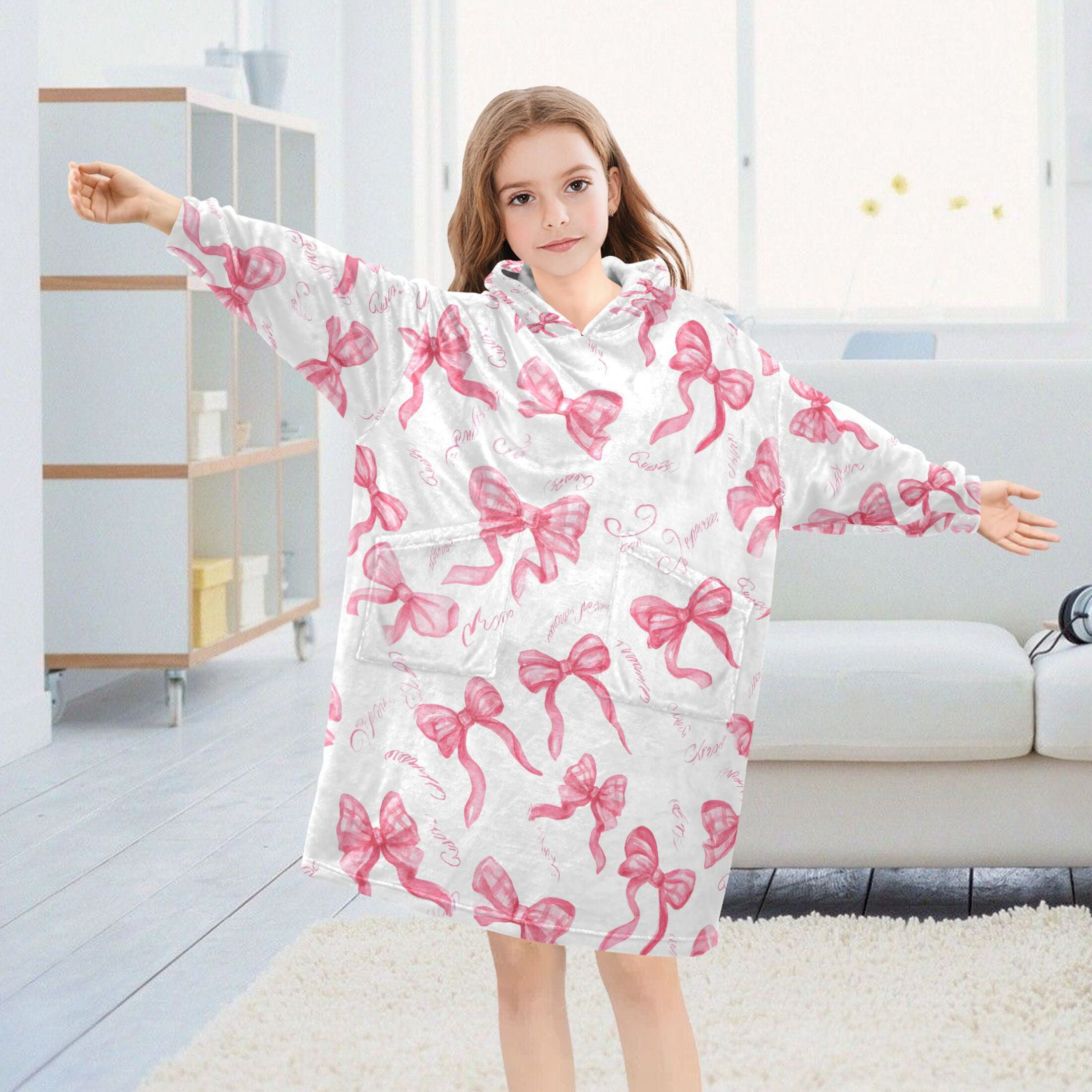 joogoo Wearable Blanket Hoodie for Pink Bows Flannel Sherpa Pocket 3-14 YR S