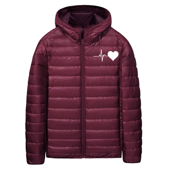 aohooy Puffer Jacket Men Lightweight Packable Quilted Jackets Heart Print Hooded Bubble Winter Down Coat Insulated Outwear Wine,XXXL