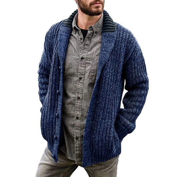 Liveday Mens Knit Cardigan with Front Buckle Loose Fit Sweater Shawl Collar Long Sleeve Casual