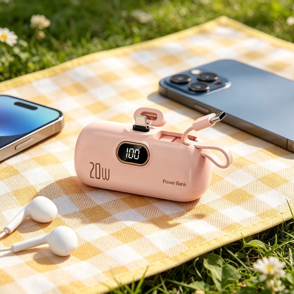 Eolstice Portable Power Bank, Capsule Mini Size, Digital Display, Built in Cable, Large Capacity, Compact Mobile Charger, for iPhone, Android, Travel