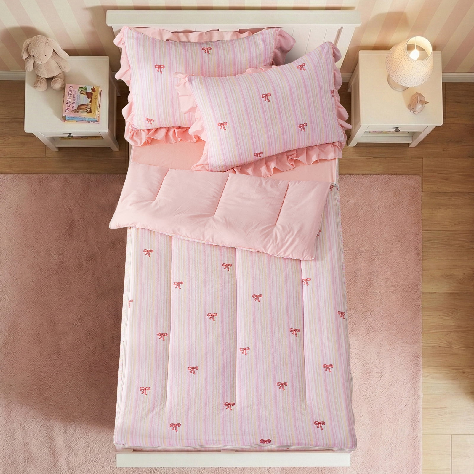 Btargot Bow Zip Bedding Pink Ribbon Bowknot Twin Comforter Set Princess Style Zipper Bedding Set
