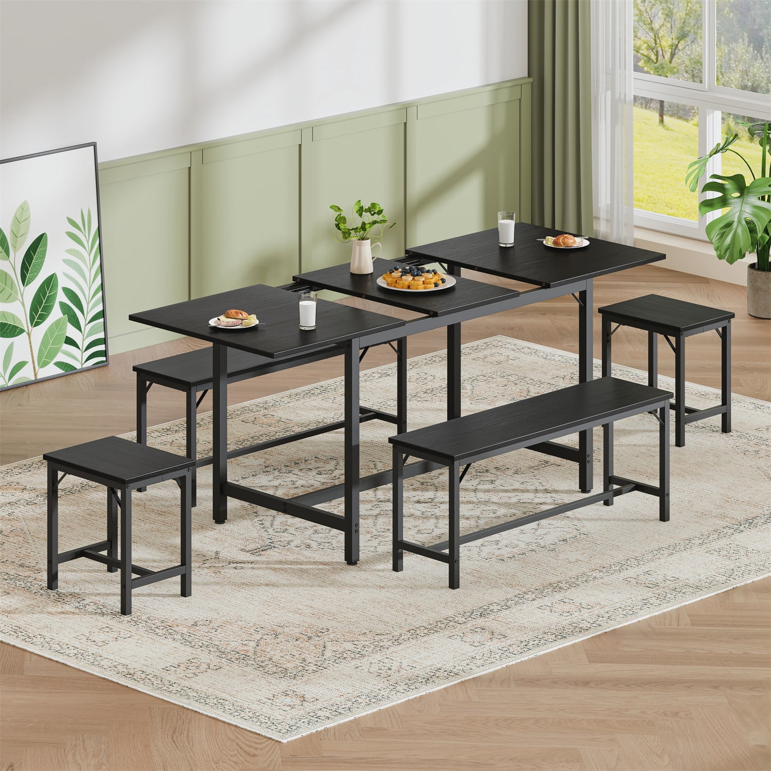 Hommoo 63" Expandable Dining Table Set for 4-8 People, Modern Extendable Kitchen Table with 2 Benches & 2 Stools, Wood Top & Metal Frame, Easy Assembly, Black