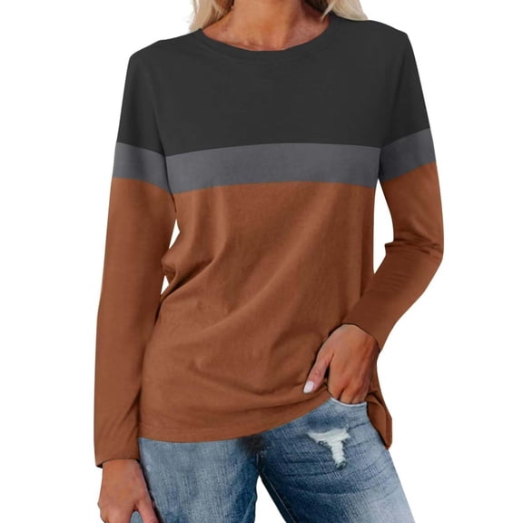 Long Sleeve Shirts For Women Color Block Tunic Tops Casual Shirts Round Neck Pullover Womens Long Sleeve Tops