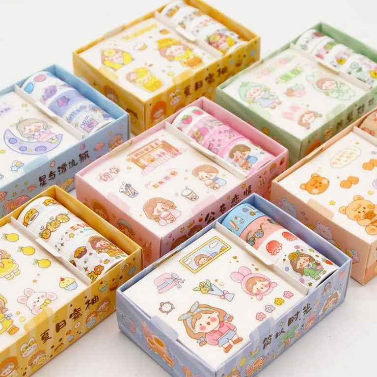 DanceeMangoos Kawaii Washi Tape Set - 4 Rolls Cute Washi Paper Masking Tape  and 4Pcs Stickers Set, DIY Decorative Stickers for Journaling 
