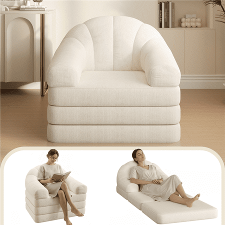 Renwick 2-in-1 Convertible Sofa Bed Folding Sleep Chair Bed Chenille Sofa with Armrests for Living Room and Bedroom, Beige