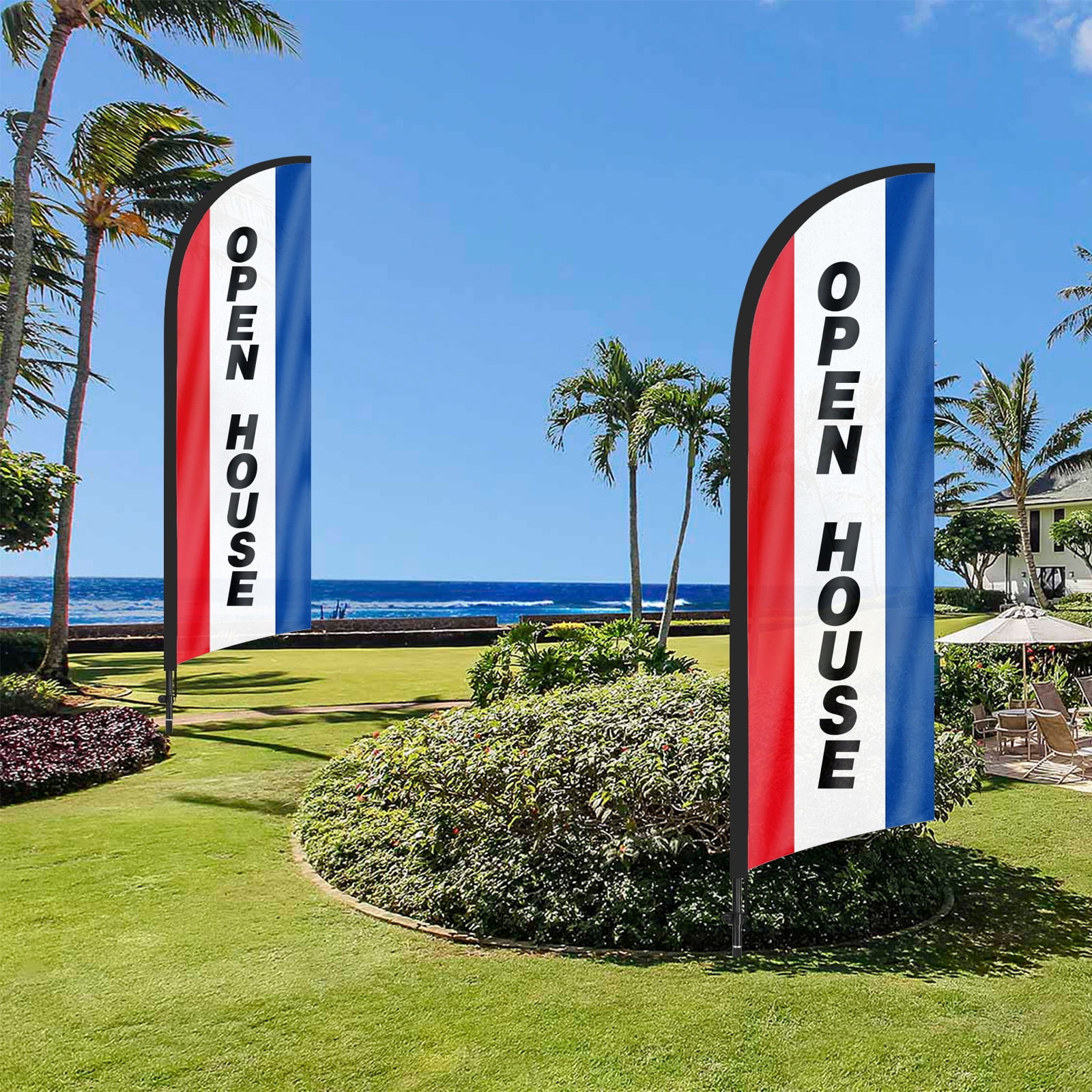 QSUM Open House Feather Flag with Flag Pole Kit and Ground Spike, 8.2FT Open House Windless Flag Banner Sign Business for Welcome Agent Inside Outdoor Advertising Sign Decoration Display