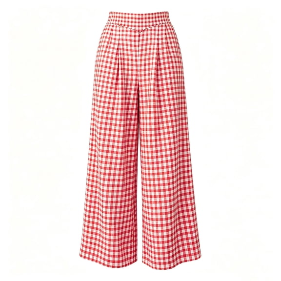 Yifymode Womens Gingham Wide Leg Pants High Waist Plaid Casual Dressy Trousers Loose Palazzo Slacks with Pockets,Red S