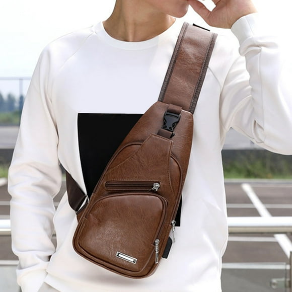 WFDC Crossbody Sling Bag with Earphone Hole for Men Women,Small Shoulder Bag,Leather Sling Bag Mens Crossbody Bag Chest Bag Sling Backpack for Men with USB Charge Port,12x8 Inch,Khaki