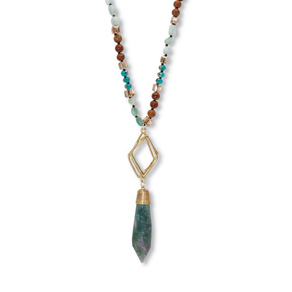Genuine Blue Agate and Brown Agate Beaded Goldtone Drop Necklace 34-inch