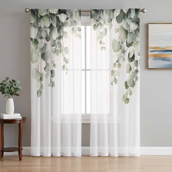 Sage Green Leaves Sheer Curtains 63 Inch Length 2 Panels Set, Watercolor Spring Botanical Eucalyptus Voile Window Treatment Rod Pocket Curtains Sheers Drapes for Bedroom/Living Room/Kitchen 52x"63"x2