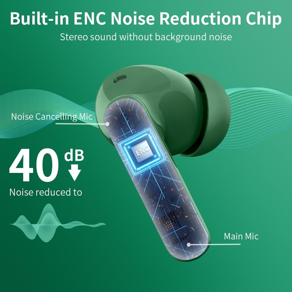 Wireless Earbuds, Bluetooth Headphones 5.4 HiFi Stereo, Wireless Earphones with ENC Noise Cancelling Mic, IP7 Waterproof in Ear Wireless Headphones, LED Digital Display Ear Buds, Touch Control, green