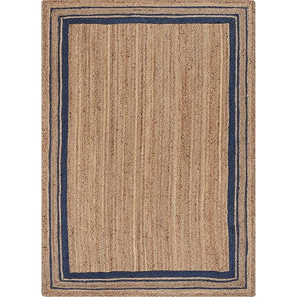 Vipanth Exports Jute Rug Beige with Blue Line in Rectangle Shape, Area