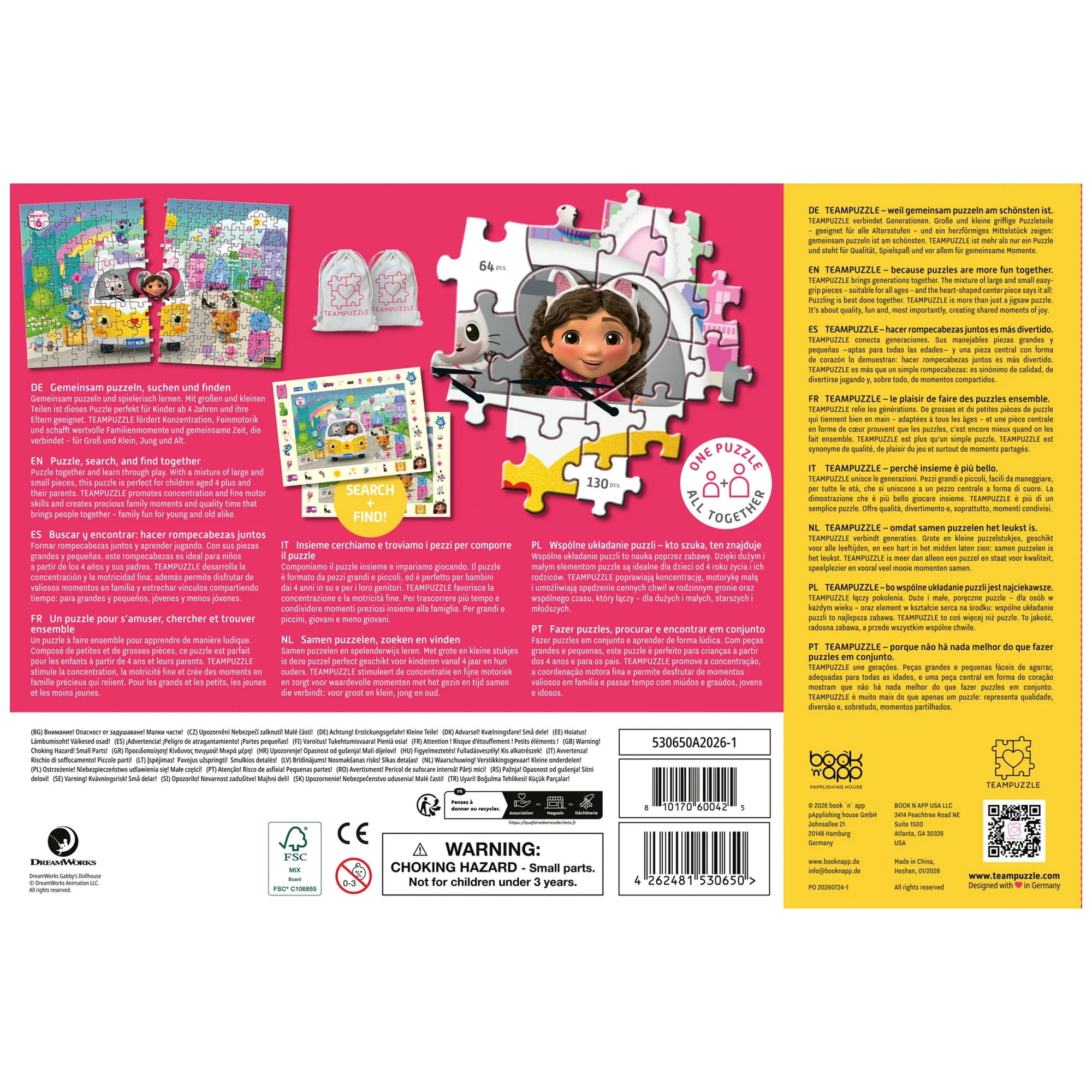 TEAMPUZZLE: Dreamworks Gabby’s Dollhouse - 194pc Puzzle, 2 Difficulty Level Sections, 19x13" City & Character Van Scene, Search & Find, Family-Kids 4+