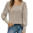 thumbnail image 2 of Diufon Womens Knit Sweater Solid Color Hem Split Blouses Square Neck Button Long Sleeve Tops, 2 of 5