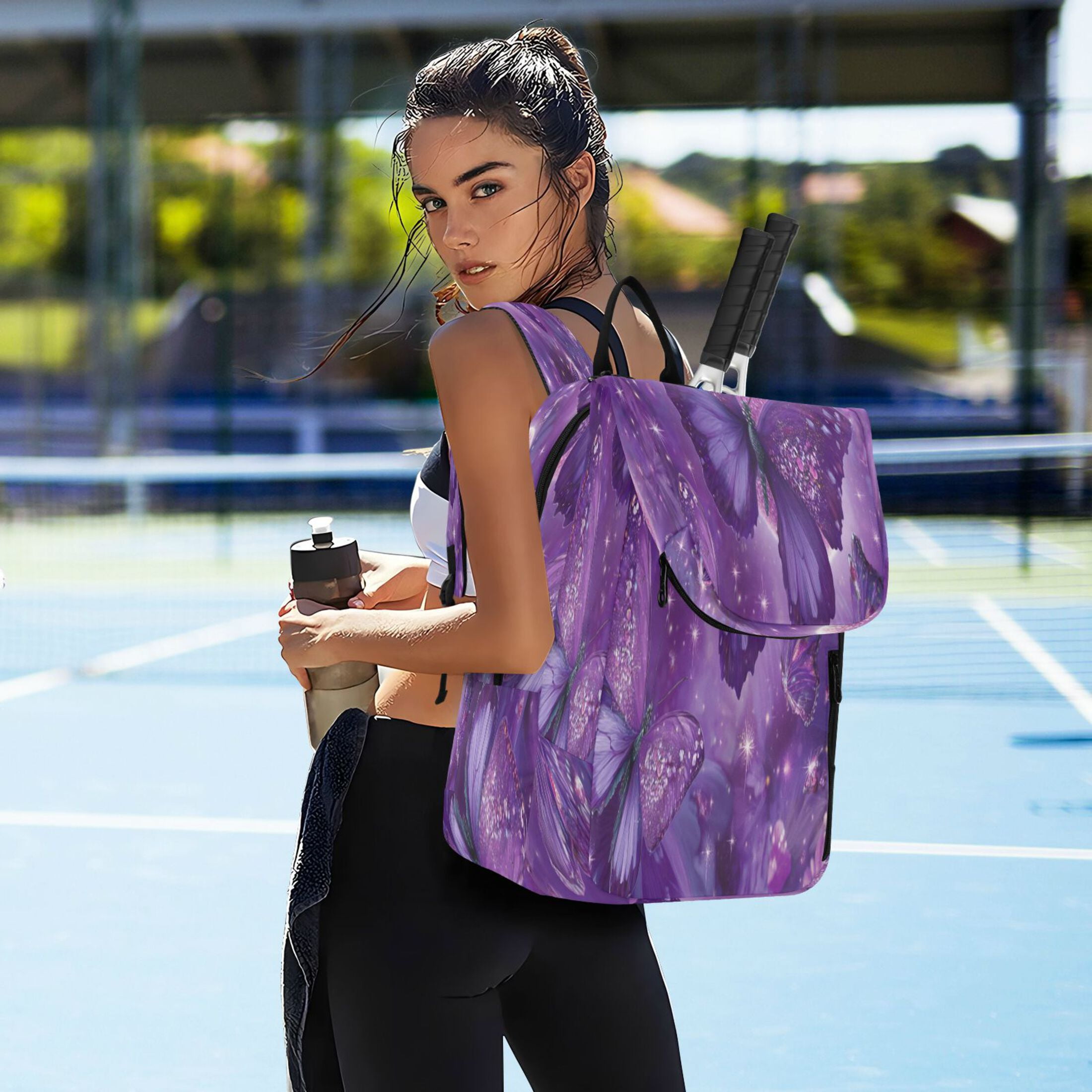 2 Racquet Holder Tennis Backpack Tennis Racket Covers Gym Bags Purple Diamond Butterfly