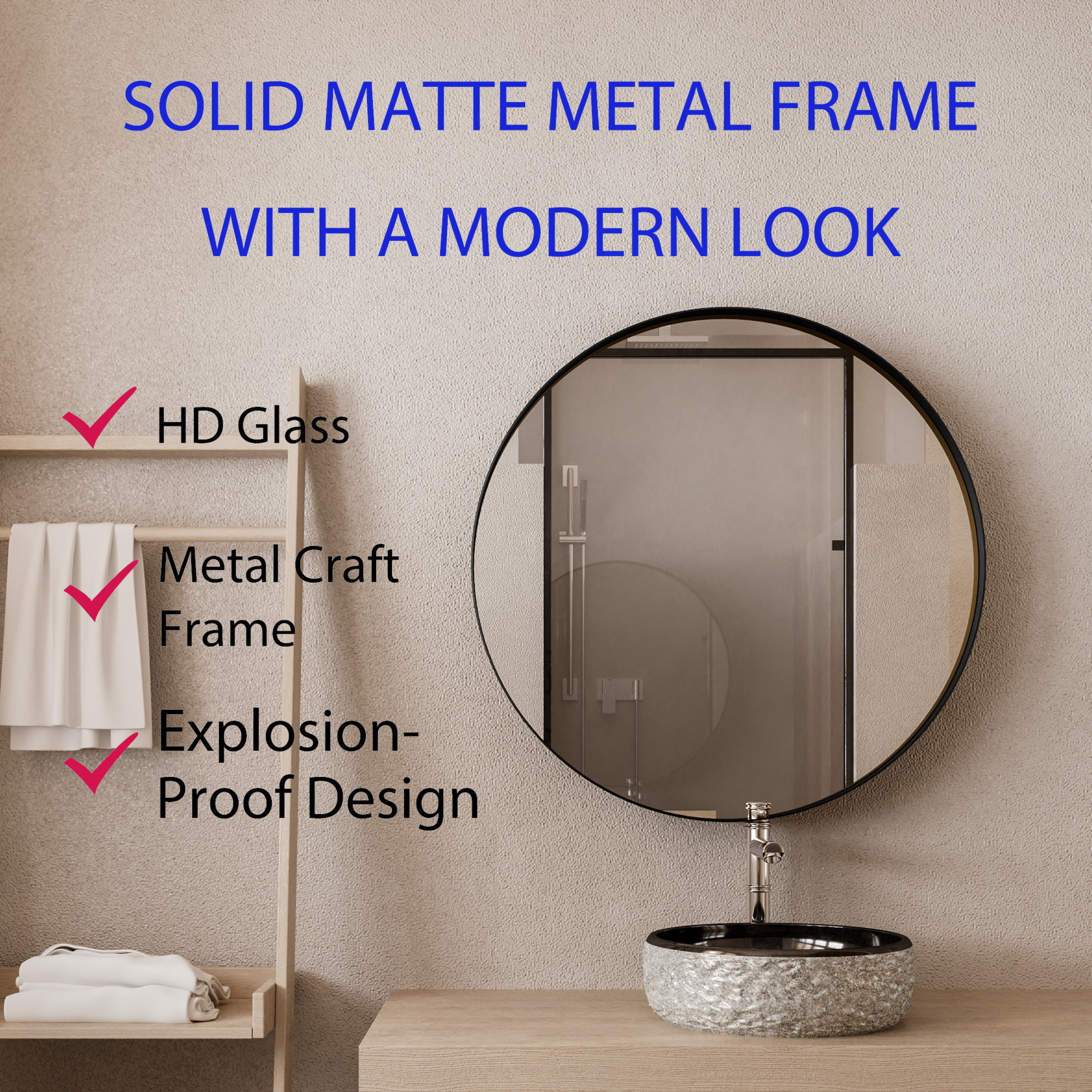 Noble House 31.5" Round Medicine Cabinet with Mirror, Metal Frame & Adjustable Glass Shelves for Bathroom, Matte Black
