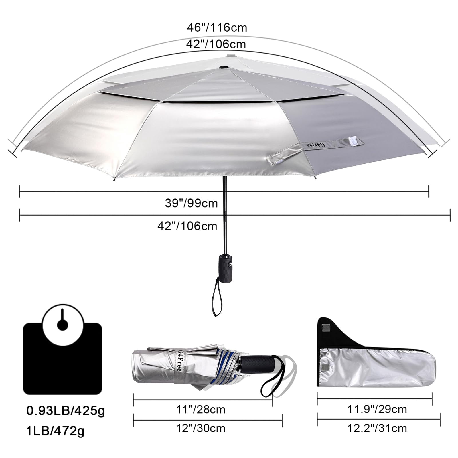 G4Free UPF 50+ UV Protection Travel Umbrella 42/46 Inch Windproof Silver Coating Sun Blocking Umbrella