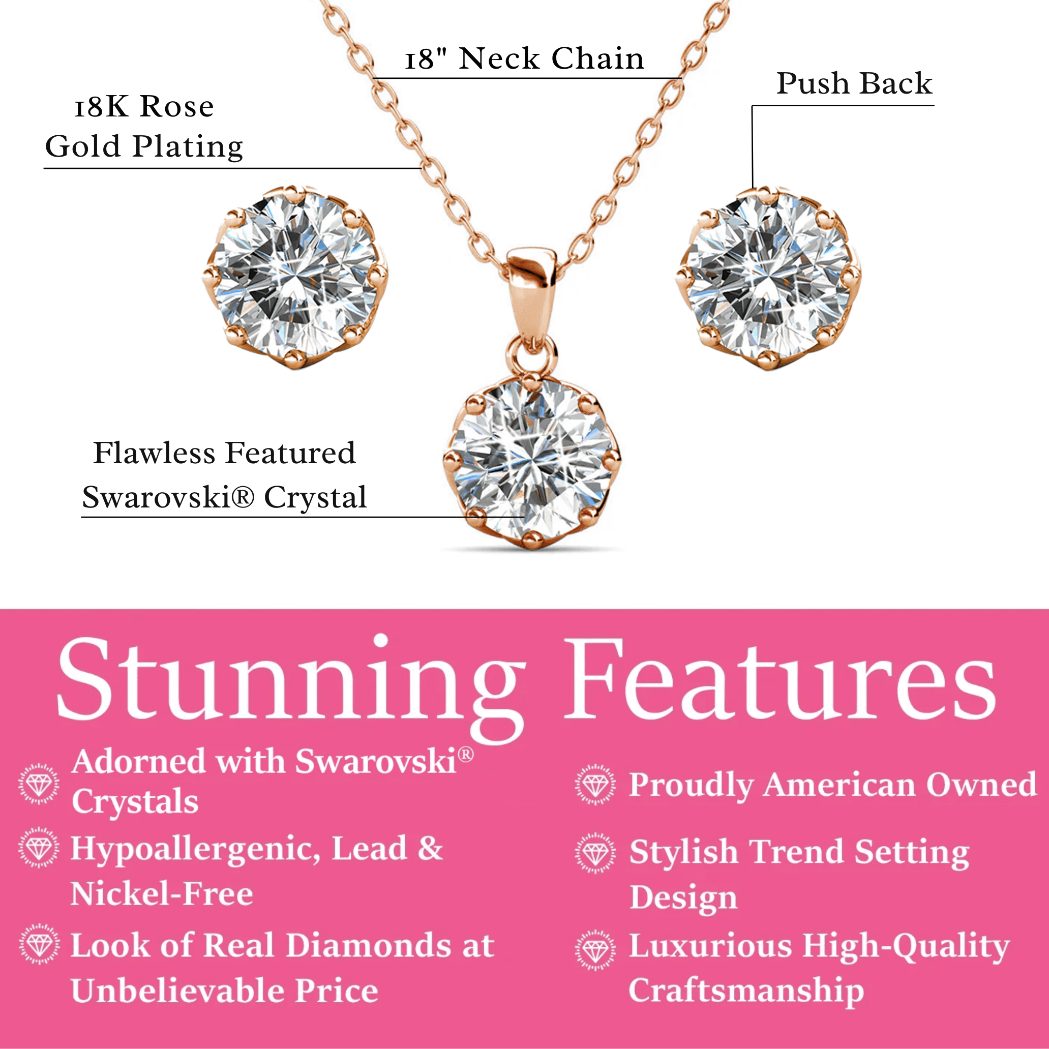 Cate & Chloe Eden 18k Rose Gold Plated Silver Jewelry Set with Swarovski Crystals Gift for Women