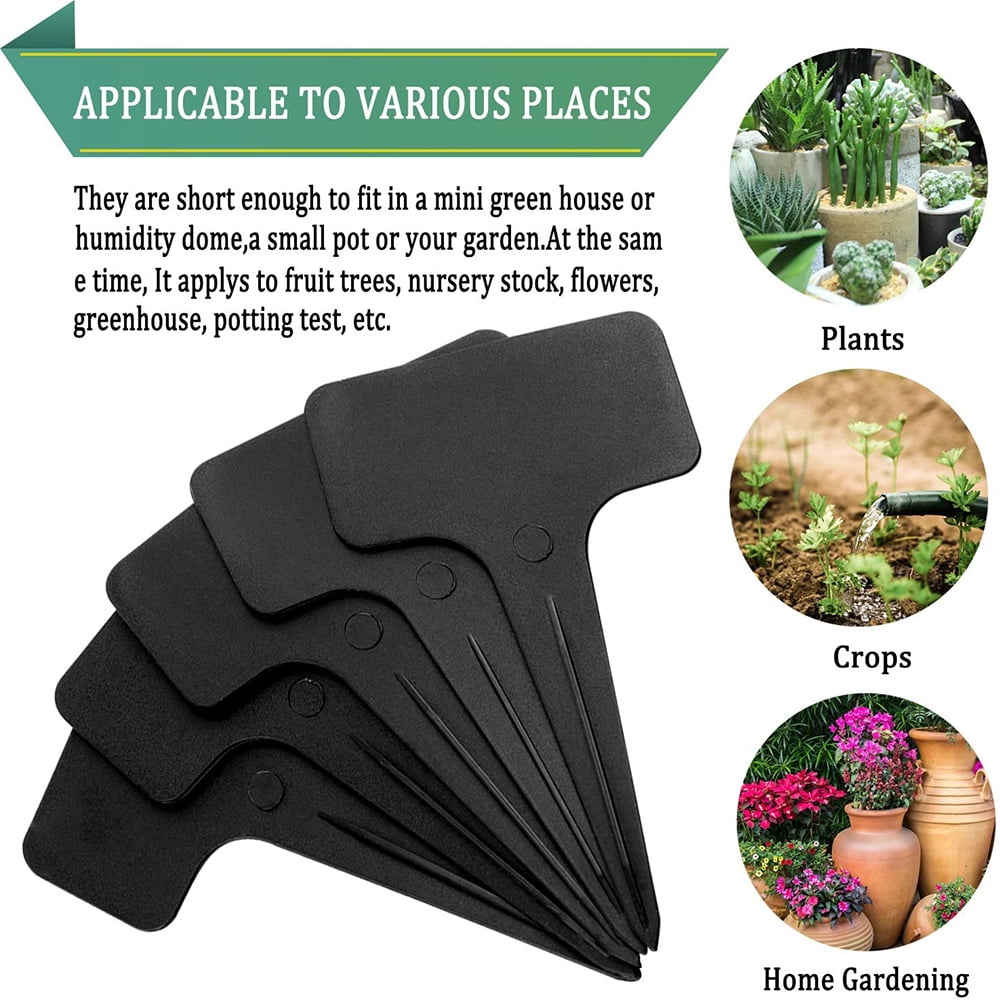 Liobaba 100 Pcs Plastic Plant Tags Waterproof Nursery T-Type Garden Labels Black Plant Markers 