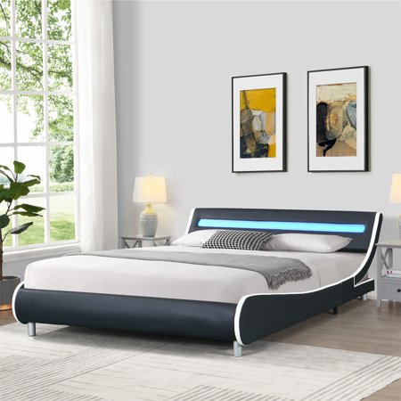 Queen Size Faux Leather Upholstered Platform Bed Frame with Led Lighting on Headboard for Kids  Teens and Adults  Curve Design Bed Frame Wood Slat Support  No Box Spring Needed  Black and White