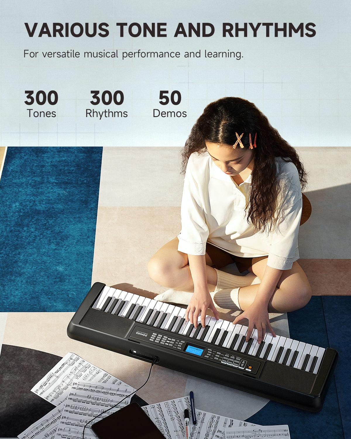 Donner DEK-200 61-Key Piano Full-Size Electronic Keyboard Set, Auto Accompaniment, Metronome,, Includes 300 Tones, with Stand, Bench, Microphone