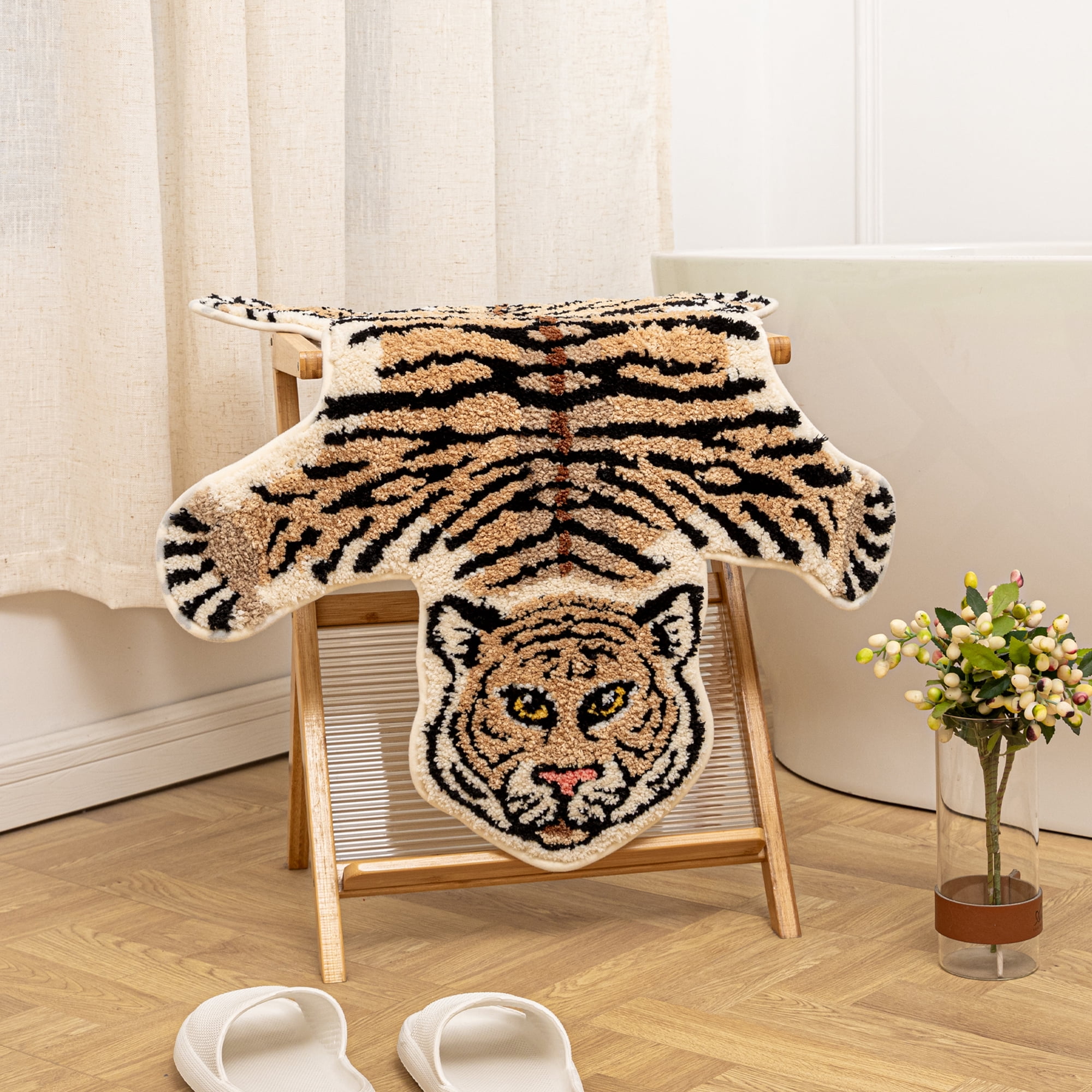yingda1992 Brown Tiger Bath Mat for Bathroom Cute Tiger Print Funny Cartoon Non Slip Animal Shaped Absorbent Bathtub Mat Plush Shower Door Mat Decor 39.3x25.5 Inch