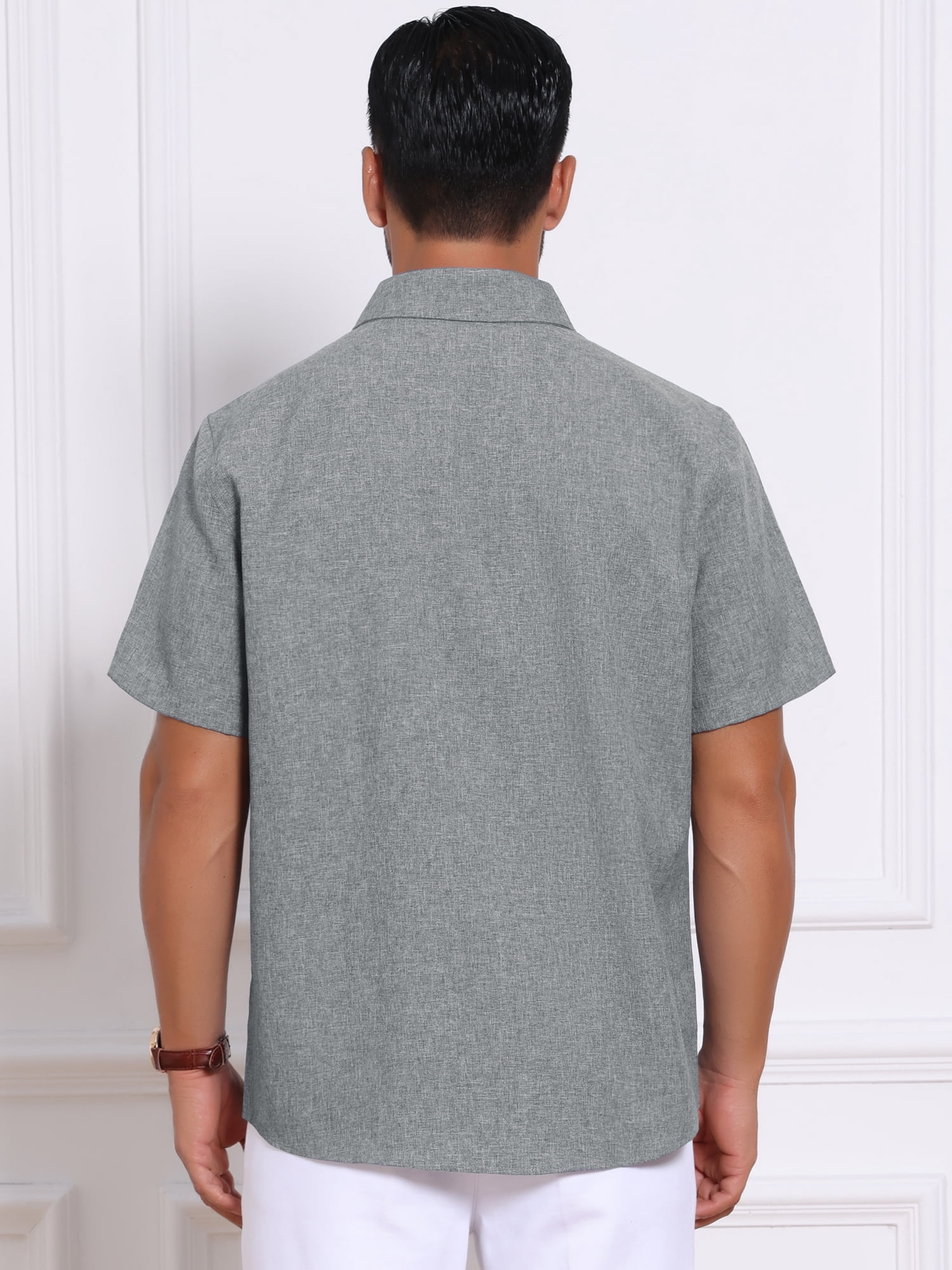 DARING DIVA Men's Plain Linen Short Sleeve Contrast Color Collar Shirts M Gray
