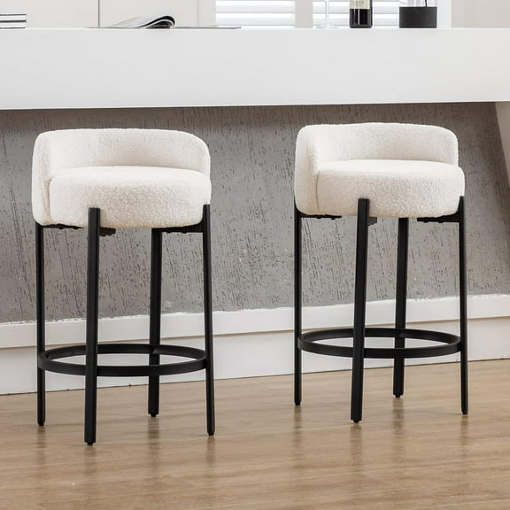 DUOMAY Counter Height Bar Stools 26" Round Barstools Set of 2, Modern Sherpa Fabric Counter Stools with Black Metal Legs for for Kitchen Island Counter, Small Space, White