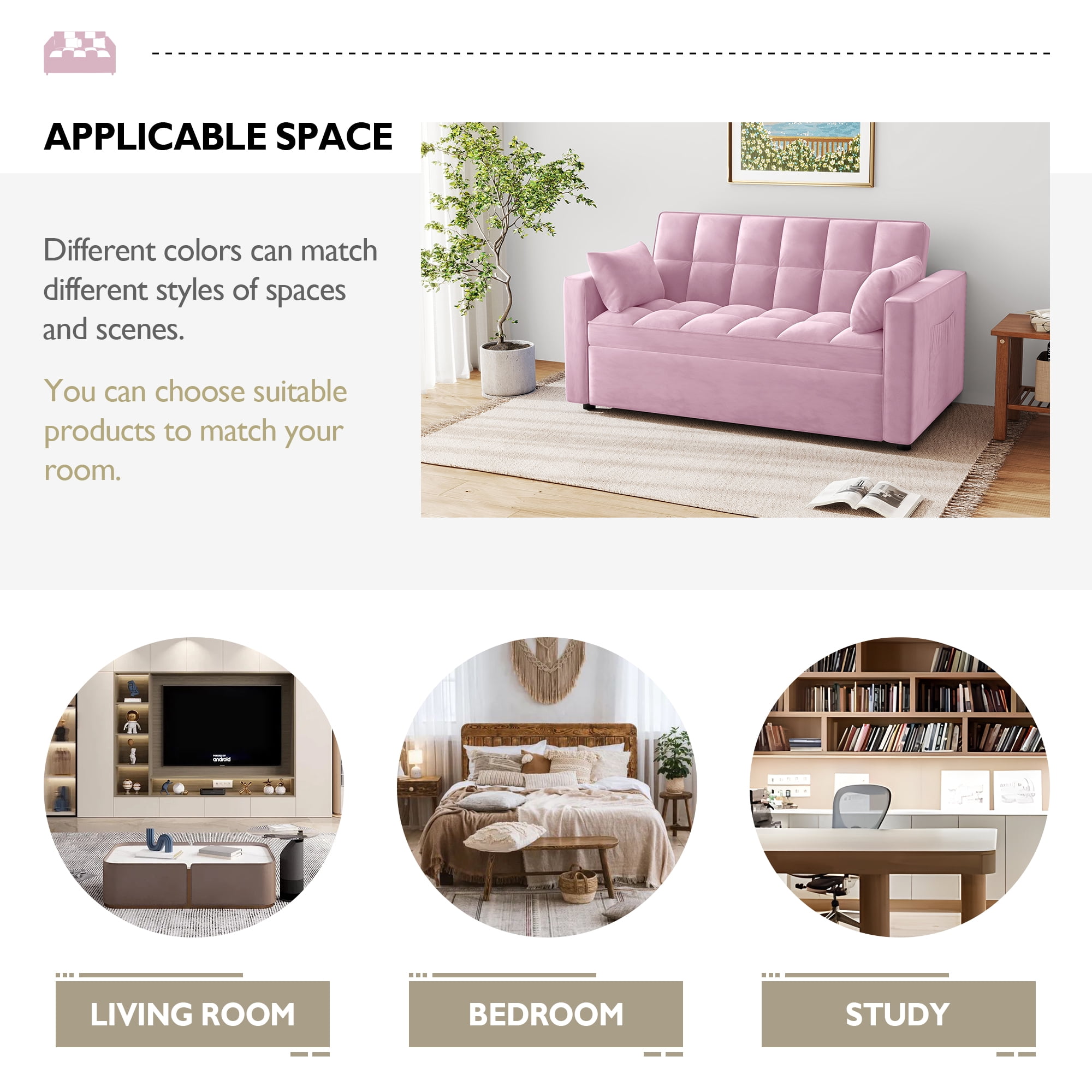 AENKYO Convertible Pull-Out Loveseat Sleeper Sofa Bed for Living Room, Modern Upholstered Futon in Pink