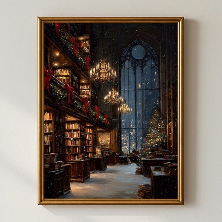 Winter Library Wall Art, Festive Book Lover Print, Cozy Reading Room Decor, Vintage Winter Bookshop Home Decor #773, Unframed Poster Size 8x12