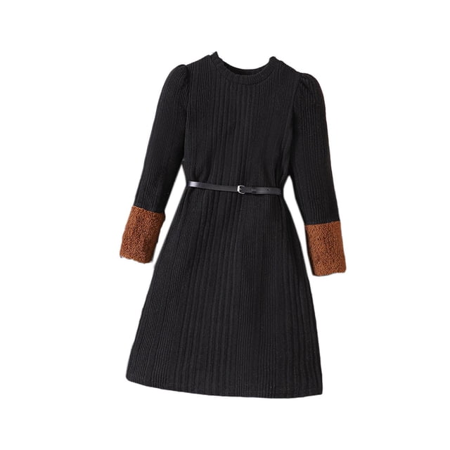 RKSTN Robe pour Fillettes Manches Longues (8-12 Ans) Col Rond Patchwork en Velours + Ceinture Noire