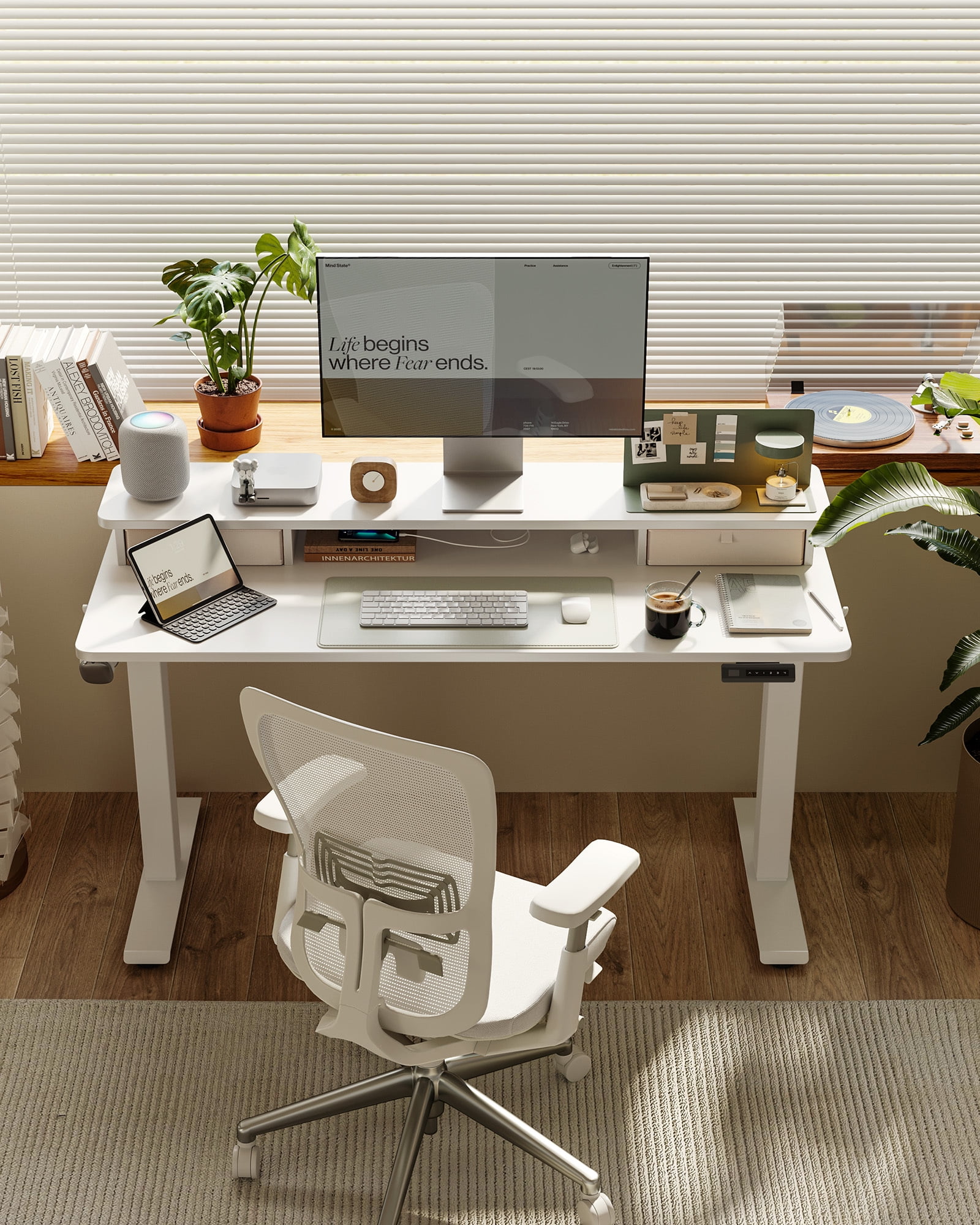 DESINO 63" x 28" Height Adjustable Electric Standing Desk with Double Drawers, Stand Up Desk with Storage Shelf, Home Office Desk Workstation with Splice Board, White